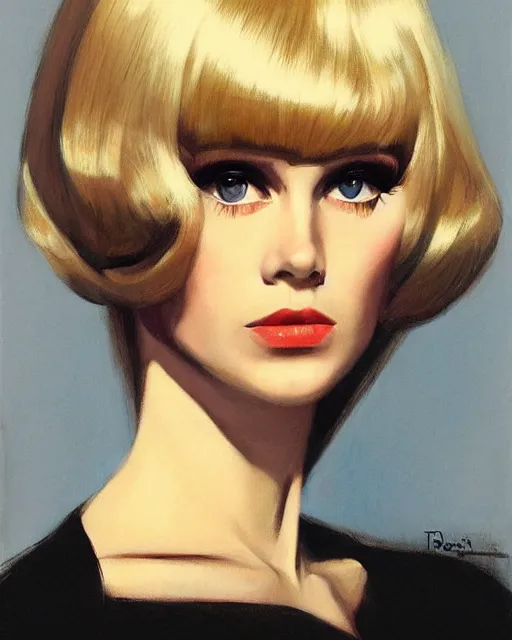 Prompt: portrait 1 9 6 0 s elegant blonde beautiful mod girl, long straight 6 0 s hair with bangs, groovy, by brom, tom bagshaw, sargent