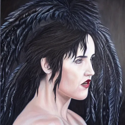 Image similar to detailed realistic oil painting youthful young jennifer connelly with black feathers instead of hair, dark fae, black lips, feathers growing out of skin, feathers growing from arms, black hands with long black claws, pale and sickly, profile view, gothic