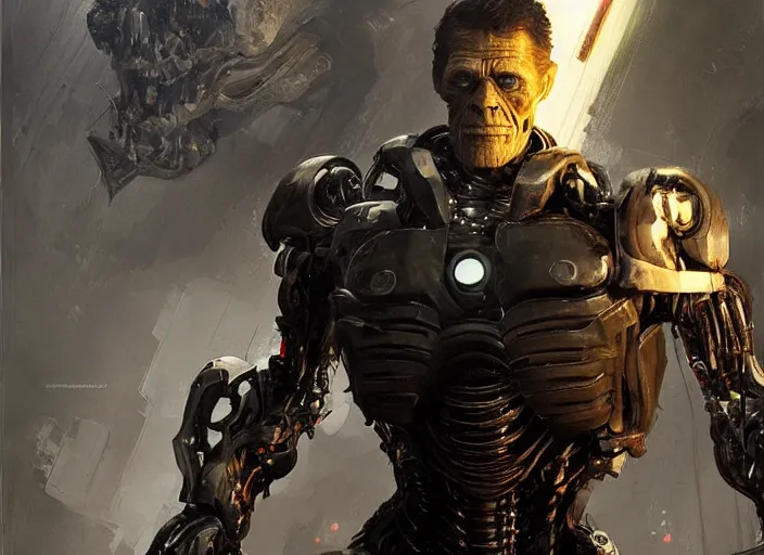 Image similar to willem dafoe as victor stone, full body concept, cyborg, borg, strogg, face of a man, terminator, flesh, quake strogg, doom demon, wolfenstein, monstrous, symmetry, symmetrical, concept art by ruan jia and greg rutkowski