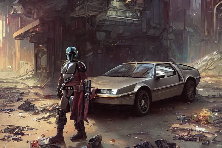 Prompt: photograph of the mandalorian stepping out of a delorean parked down the streets of a cyberpunk abandoned city, doors are open, by greg rutkowski, by stanley artgerm, by alphonse mucha