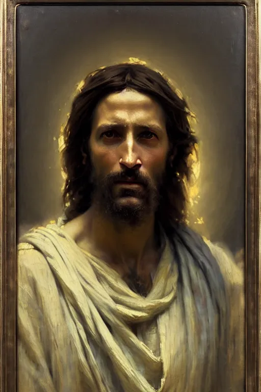 Image similar to photograph imax and solomon joseph solomon and richard schmid and jeremy lipking victorian loose genre loose painting full length portrait painting of jesus