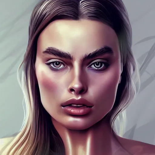 Prompt: a stunning portrait of a woman who looks like a mix between Emily Ratakowski and Margot Robbie, trending on artstation, WLOP, artgerm no blur, no distortion