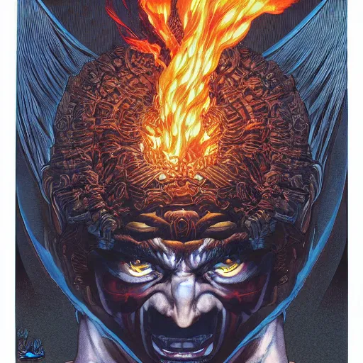 Image similar to portrait of crazy balrog with fire, symmetrical, by yoichi hatakenaka, masamune shirow, josan gonzales and dan mumford, ayami kojima, takato yamamoto, barclay shaw, karol bak, yukito kishiro