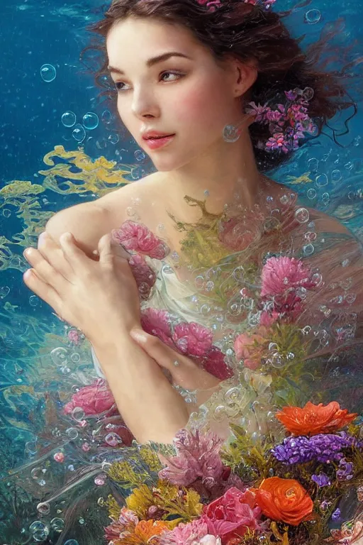 Image similar to portrait of a beautiful mysterious woman holding a bouquet of flowing flowers, small bubbles from her mouth, hands hidden under the bouquet, submerged underwater filled with colorful small fish and coral reef, fantasy, regal, intricate, by stanley artgerm lau, greg rutkowski, thomas kindkade, alphonse mucha, loish, norman rockwell