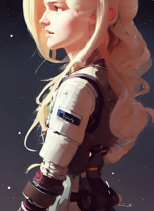 Prompt: highly detailed portrait of a hopeful pretty astronaut lady with a wavy blonde hair, by Greg Tocchini, by Greg Rutkowski, by Dustin Nguyen, by Ilya Repin, by John William Waterhouse, by Cliff Chiang, 4k resolution, nier:automata inspired, bravely default inspired, vibrant but dreary but upflifting red, black and white color scheme!!! ((Space nebula background))