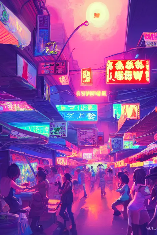 Prompt: taiwna night market, retrowave art, trending on art station