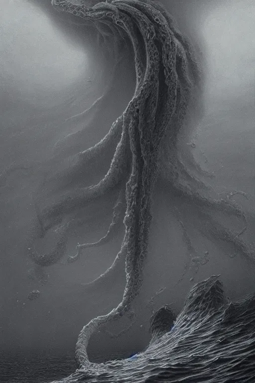 Image similar to A stunning highly detailed Shoggoth by Zdzisław Beksiński, stormy ocean, beautiful lighting, detailed swirling water tornado, artstation