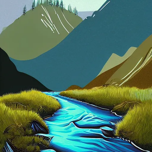 Image similar to a beautiful landscape, rivers and mountains, illustration, digital art by laura price