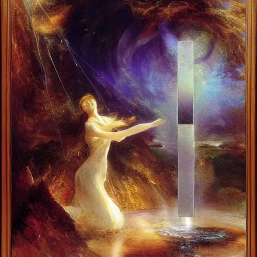 Image similar to A kinetic sculpture. A rip in spacetime. Did this device in her hand open a portal to another dimension or reality?! by Thomas Moran unified, serene