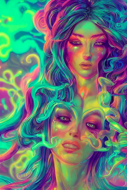 Prompt: a beautiful woman engulfed in colorful liquid clouds and neon smoke, extremely psychedelic experience, psilocybin, dmt, lsd, perfect face, highly detailed, artstation, concept art,, sharp focus, digital art by hana yata, and artem demura and beeple, lisa frank, cyberpunk, octane render, unreal engine, 8 k