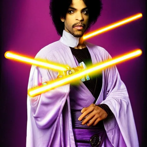 Prompt: musician prince as a jedi knight wearing a intricate robe and holding a purple lightsaber in his right hand. star wars background.