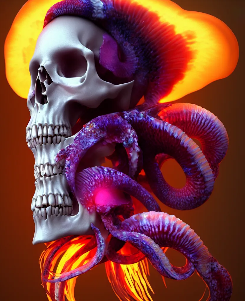 Image similar to goddess close - up portrait human skull, ram skull, squid phoenix jellyfish, orchid, betta fish, bioluminiscent, intricate artwork by tooth wu and wlop and beeple. octane render, trending on artstation, greg rutkowski very coherent symmetrical artwork. cinematic, hyper realism, high detail, octane render, 8 k