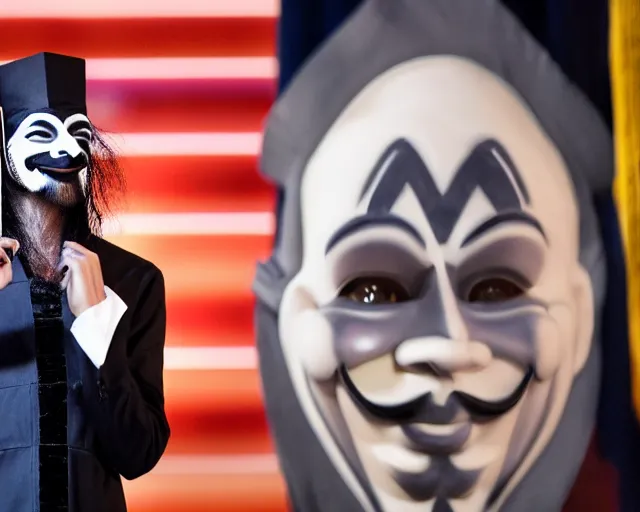 Image similar to man wearing guy fawkes mask accepts award from obama, university graduation pose, photo, cinematic lighting