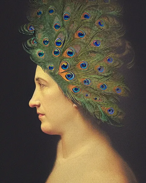 Prompt: a woman's face in profile, made of intricate peacock feathers, in the style of the dutch masters and gregory crewdson, dark and moody