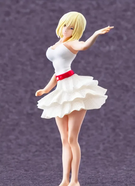 Image similar to Product Introduction Photos, 4K, Full body, 80mm resin detailed miniature of a muscular lady in White and short lacy ruffled skirt, Blonde hair