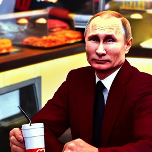 Prompt: vladimir putin in mcdonalds