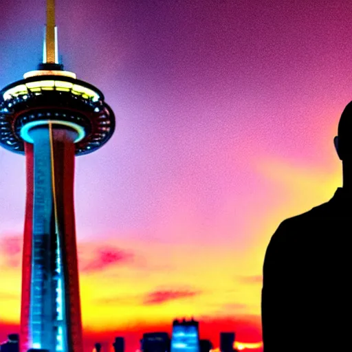 Image similar to man with mars for head in front of Toronto space needle, dramatic epic cinematic lighting, maple leaves and daggers background
