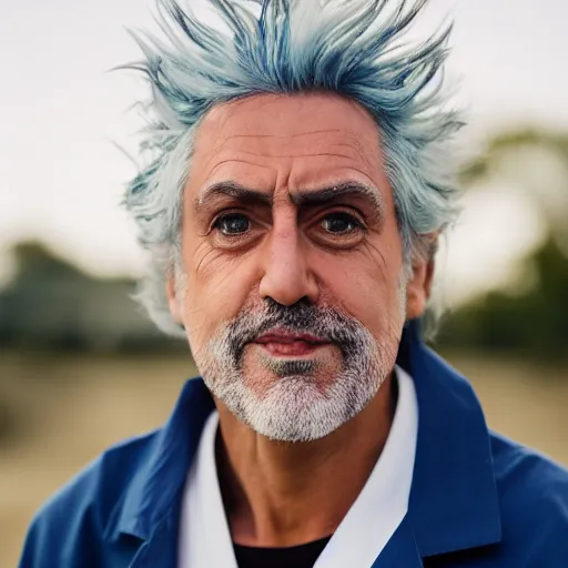 Image similar to portrait photo still of real life rick sanchez wearing a labcoat 8 k, 8 5 mm f 1. 8