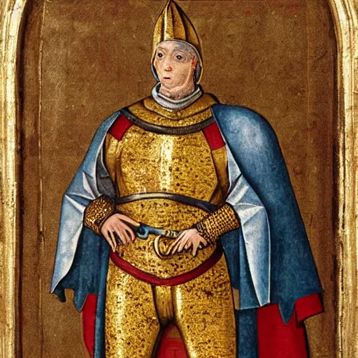 Prompt: man in 15 century decorated with gold crusader armor and cape with kingdom of jerusalem insignia in renaissance art style
