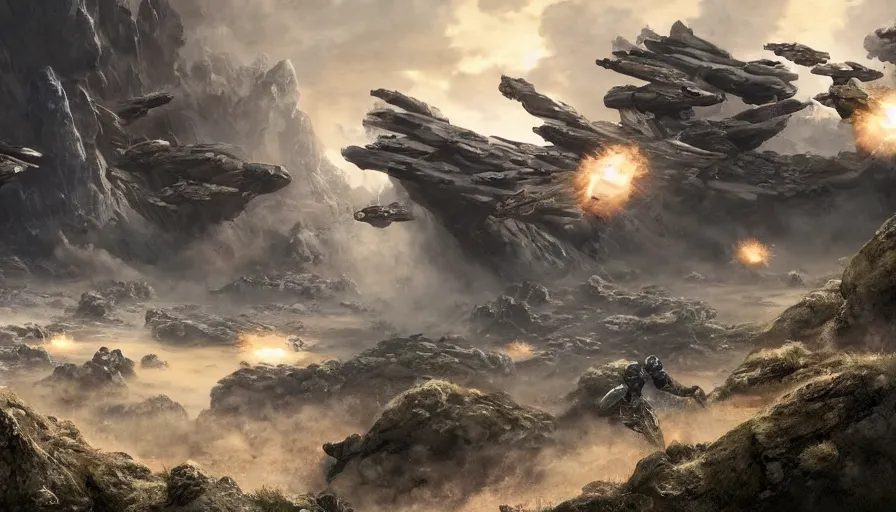 Image similar to an epic battle between the empire and the rebellion on a rock planet, cinematic, rtx, detailed, beautiful, accurate, fantasy artwork