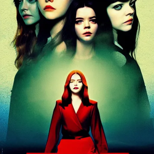 Prompt: mary elizabeth winstead, anya taylor joy, elle fanning, grace van dien, kate beckinsale, italian horror, giallo movie poster!!, sharp focus, smooth, psychedelic