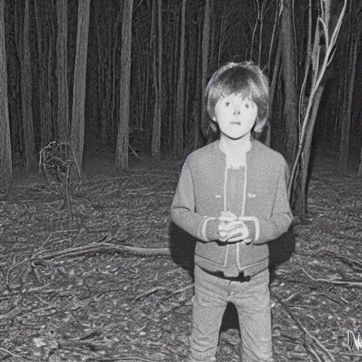 Prompt: trailcam footage of young Paul McCartney crying in woods at night