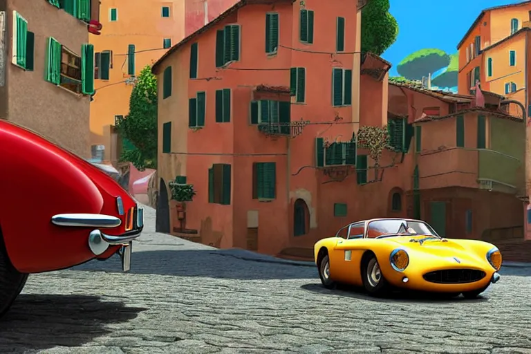 Image similar to a wholesome animation key shot of!! one!! focused!! ferrari 2 5 0 gt!! in beautiful cinque terre italian street, medium shot, studio ghibli, ( pixar ) and disney animation, sharp, very detailed, high resolution, rendered in unreal engine 5, anime key art by greg rutkowski, bloom, dramatic lighting