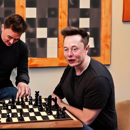 Prompt: elon musk playing chess with mickey mouse