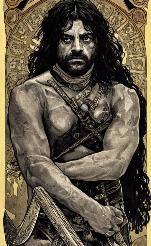 Image similar to oscar isaac as conan the barbarian, portrait, dark atmosphere, high fantasy, illustration, style of alphonse mucha