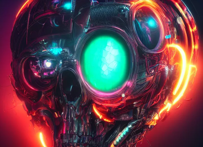 Prompt: a futuristic skull with glowing eyes and a wormhole tunnel, cyberpunk art by android jones, artstation hd, computer art, darksynth, synthwave, rendered in cinema 4 d