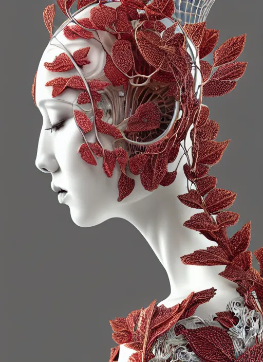 Prompt: complex 3d render ultra detailed of a beautiful porcelain profile woman face, mechanical vegetal cyborg, 150 mm, beautiful studio soft light, rim light, silver gold red details, magnolia big filigran leaves and stems, roots, Alexander Mcqueen haute couture, fine foliage lace, mesh wire, filigran metallic intricate details, hyperrealistic, mandelbrot fractal, anatomical, silver metal armor, facial muscles, cable wires, microchip, elegant, white background, beautiful white teeth, octane render, H.R. Giger style, 8k