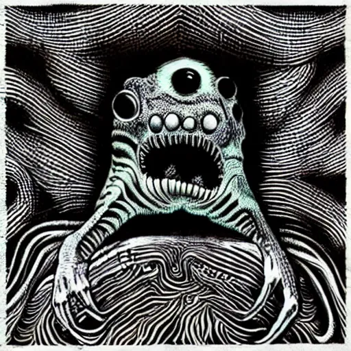 Image similar to eldritch frog abomination of unimaginable horror by h. r. giger and junji ito, speculative evolution, op art with big bold patterns