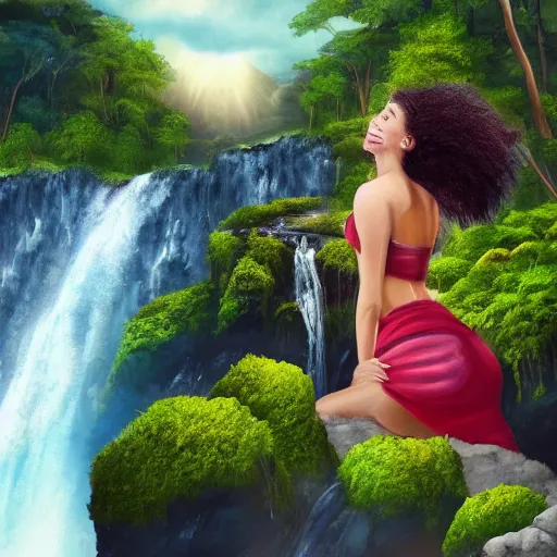 Image similar to an attractive woman holding an island with waterfalls coming off of it, happy, highly detailed, trending on art station, digital art, beautiful backdrop, highly detailed