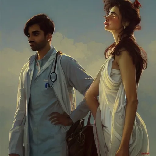 Image similar to Anxious good looking pale young Indian doctors wearing American clothes at the airport, portrait, elegant, intricate, digital painting, artstation, concept art, smooth, sharp focus, illustration, art by artgerm and greg rutkowski and alphonse mucha