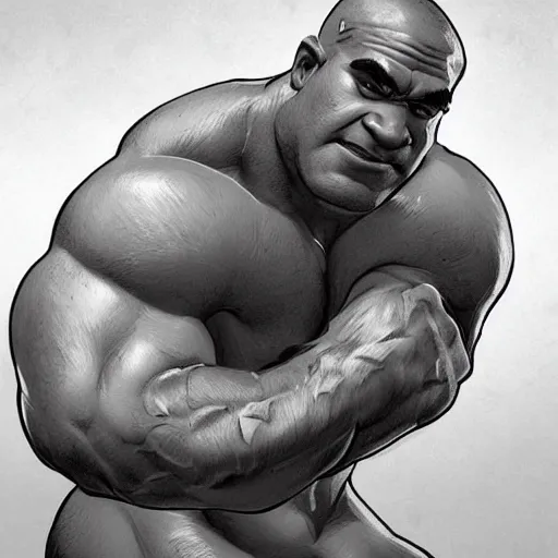 Image similar to black and white muscular shrek has beard, highly detailed, digital painting, artstation, concept art, smooth, sharp focus, illustration, art by artgerm and greg rutkowski and alphonse mucha