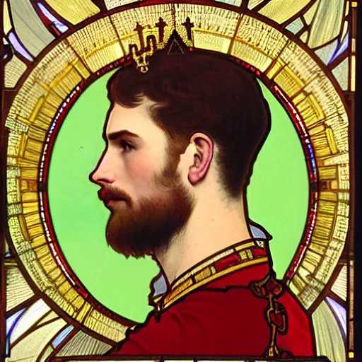 Prompt: detailed portrait of a 3 0 year old crowned king, profile view, side view, stern and confident, small golden crown on forehead, short buzzcut, chin strap, red coat with white collar, stained glass art, by alphonse mucha, very masterful