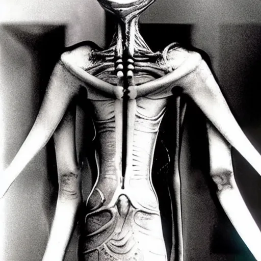 Image similar to H R Giger’s Alien, dressed in avant-garde outfit, posing on a runway