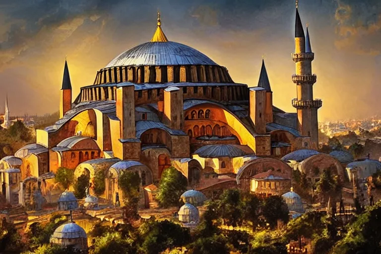 Image similar to historicaly accurate medieval istanbul and hagia sophia scenery landscape, lord of the rings,, rule of thirds, sunset, highly detailed, perfect lighting, perfect composition, 4 k, artgerm, derek zabrocki, greg rutkowski