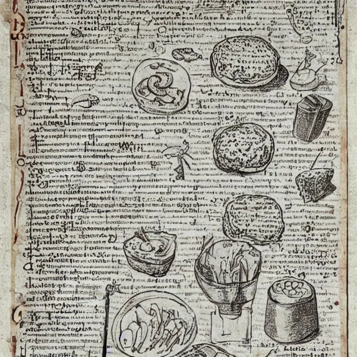 Image similar to ( ( ( ( illustrated recipe for an hamburger ) ) ) ) lot of medieval enluminures in the background explaining the recipe, found schematic in a notebook