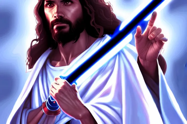 Prompt: jesus christ in a white robe fighting demons with, a lightsaber ; art by artgerm ; digital art ; character art ; star wars