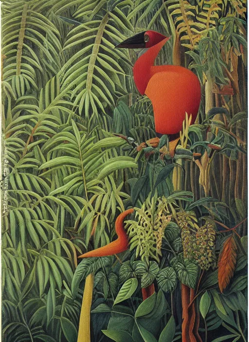 Image similar to rare bird in the jungle, highly detailed, style of henri rousseau