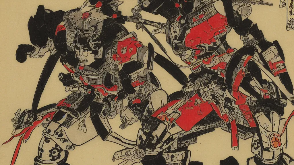 Prompt: samurai mech in the style of Utagawa Kuniyoshi, classical japanese art, sci-fi illustrations, mechwarrior, battletech, gundam, highly detailed, award-winning, patriotic, japanese, dark, gritty, ink