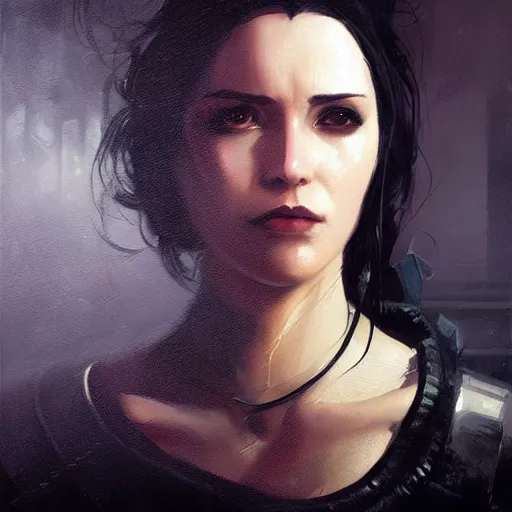 Image similar to Yennefer cyberpunk, oil painting, Tooth Wu, Greg Rutkowski, RPG portrait, dynamic lighting, fantasy art, High contrast, depth of field