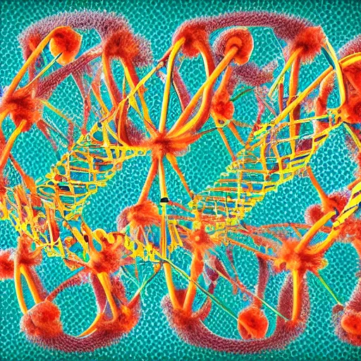 Image similar to in a field, two scientists in lab coats encounter a monster shaped like the DNA double helix, digital art