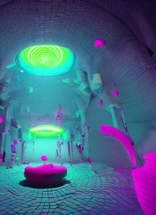 Image similar to : hyperbolic color abstract glossty shapes immersive experience meowwolf dalle2 macro lens 3d render unity unrealengine octane