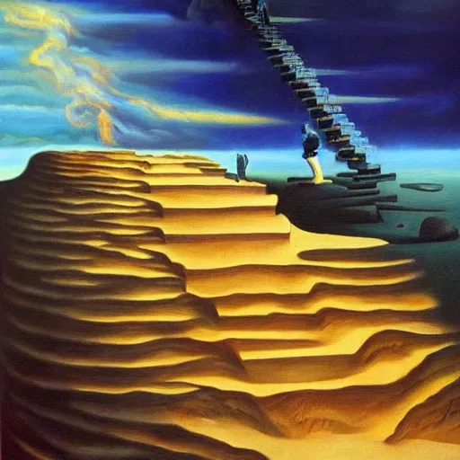 Image similar to stairway to heaven, surrealism, oil on canvas, high detail, masterpiece