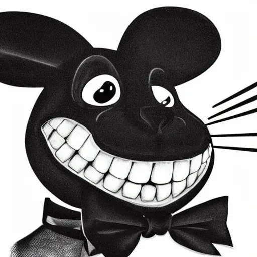 Image similar to A extremely highly detailed majestic hi-res beautiful, highly detailed head and shoulders portrait of a scary terrifying, horrifying, creepy black cartoon rabbit with a bowtie and scary big eyes, earing a shirt laughing, hey buddy, let's be friends, in the style of Walt Disney