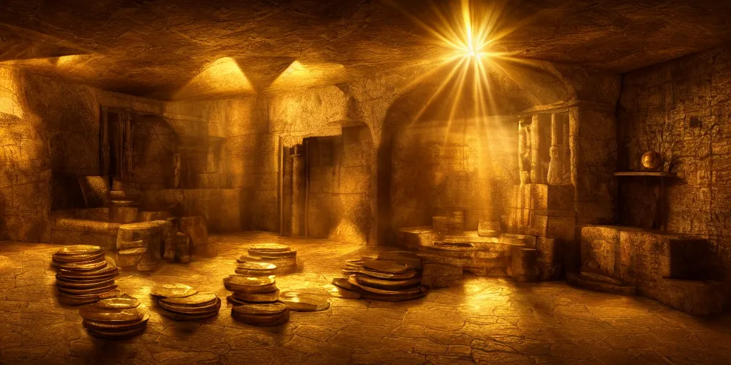 Image similar to gods basement filled with treasures and gold coins, divine, shinig rays of light, 8 k photography, cinematic light, award winning