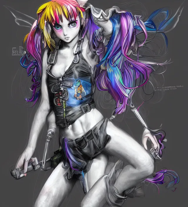 Image similar to full body pose, hd, manga anime portrait of a fairy girl in combat boots and overalls, rainbow hair, in ishikawa ken frank miller jim lee alex ross style detailed trending award winning on flickr artstation,