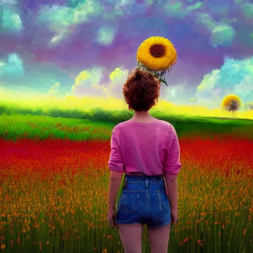 Image similar to giant daisy flower head, full body girl standing in a flower field, surreal photography, sunrise, dramatic light, impressionist painting, colorful clouds, digital painting, artstation, simon stalenhag